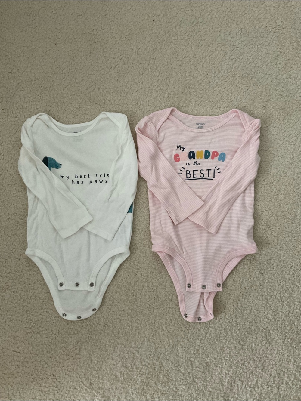 Carter's Long-Sleeve One-Piece x2 - pink strips and white puppy
